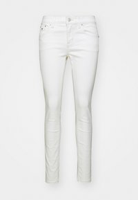 Vita denim skinny jeans med en slät textur, standard femfickorsdesign, knappknäppning och subtila sömdetaljer.