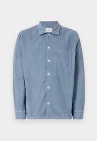 Blue corduroy shirt with a button-up front, collar, single chest pocket, and long sleeves. The fabric features vertical stripes.