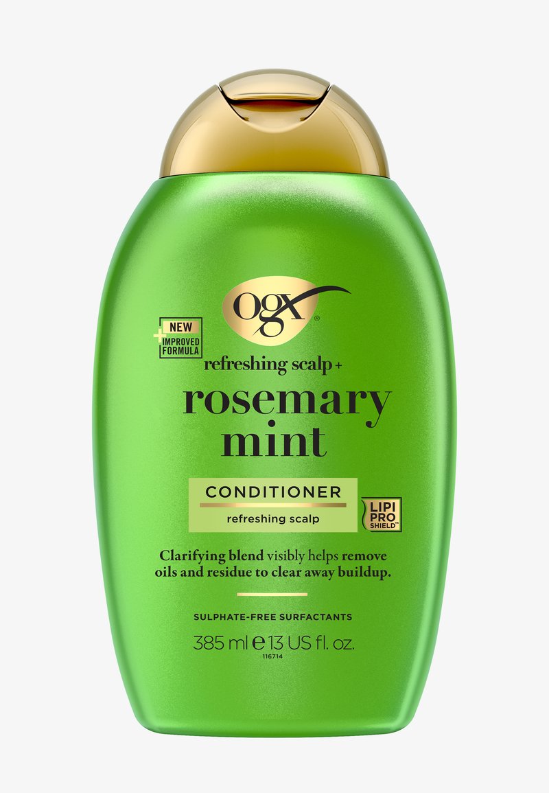 OGX Rosmarin-Minze Conditioner in einer grünen Flasche, mit einem goldenen Deckel, Etikettendetails und Informationen zur Formel. 385 ml.