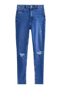 Jeans ajustados de denim azul con un acabado desgastado. Presentan desgastes en las rodillas, un cierre de botón en la parte frontal y cinco bolsillos.