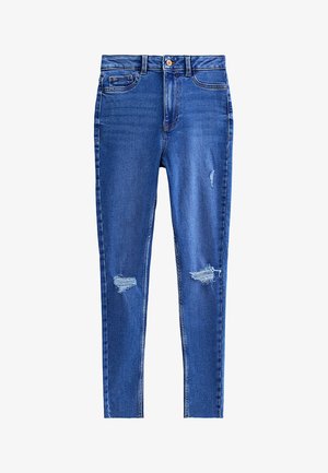 Skinny jeans van blauwe denim met een vervaagde afwerking. Heeft scheuren op de knieën, een knoopsluiting aan de voorkant en vijf zakken.