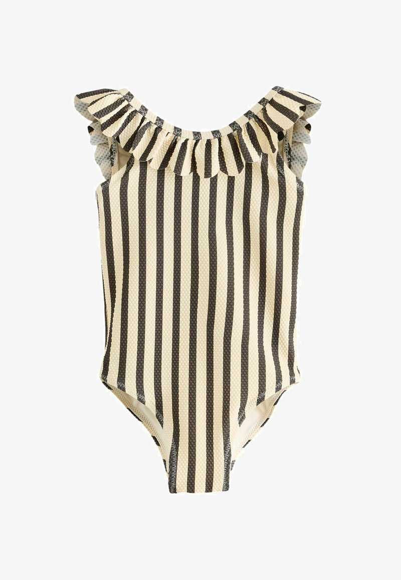 Gestreifter Einteiler-Badeanzug mit einem Rüschenausschnitt, der abwechselnd dunkelbraune und beigefarbene Streifen aufweist, aus strukturiertem Stoff besteht und eine figurbetonte Form hat.