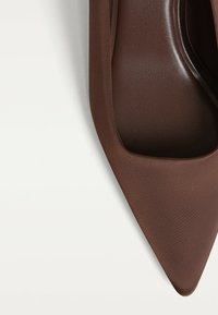 Chaussure à talon aigu en synthétique marron avec une pointe aiguë et une texture lisse. Présente un design Élégant et une doublure intérieure brillante.