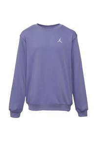 Felpa di cotone viola con colletto a girocollo, polsini e orlo inferiore a coste. Presenta un piccolo logo bianco di Jordan sul petto sinistro.