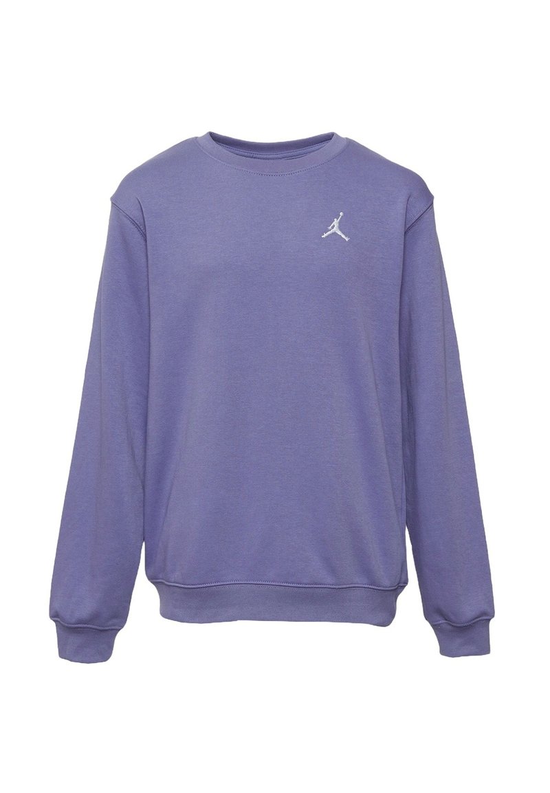 Felpa di cotone viola con colletto a girocollo, polsini e orlo inferiore a coste. Presenta un piccolo logo bianco di Jordan sul petto sinistro.