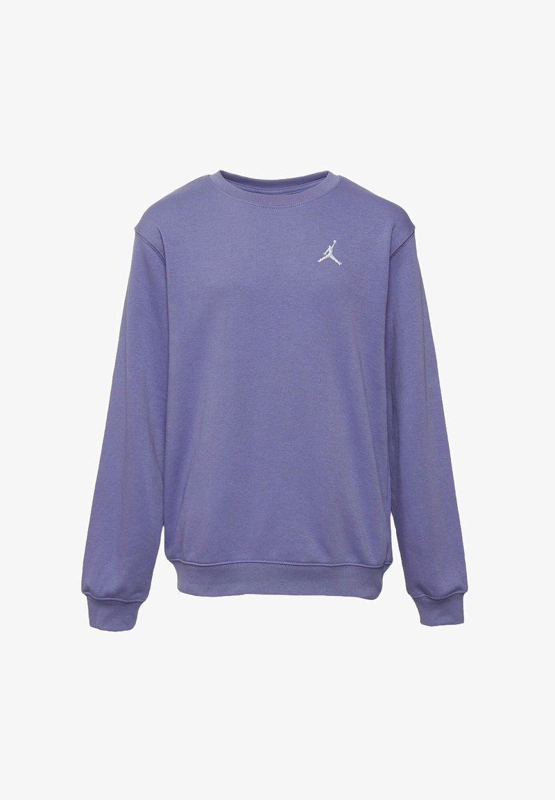 Felpa di cotone viola con colletto a girocollo, polsini e orlo inferiore a coste. Presenta un piccolo logo bianco di Jordan sul petto sinistro.