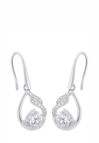 Silverhänge med virvelform, som har en stor central, rund klar ädelsten och mindre klara stenar längs kurvan.