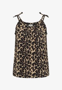 Top sin mangas con estampado de leopardo, tirantes ajustables con lazos y escote fruncido en colores beige y negro.