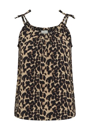 Top fără mâneci cu imprimeu leopard, cu bretele reglabile cu fundă și decolteu plisat în culori bej și negru.