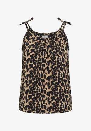 Mouwloze top met luipaardprint, verstelbare bindbare schouderbandjes en geplooide halslijn in beige en zwart.