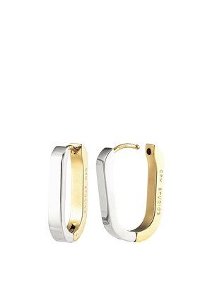 Rectangular two-tone hoop earrings with silver front and gold back, engraved with "CPH STUDIOS" on the inner side.