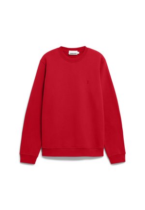 Roter Sweatshirt aus weichem Material, mit Rundhalsausschnitt, langen Ärmeln und kleinem Logo auf der Brust. Glatte Textur und gerippte Bündchen.