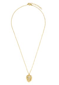 Halskette in Goldfarbe mit einem hohlen Blätteranhänger und gravierten Details. Die Kette ist zart und verstellbar für eine individuelle Längenanpassung.