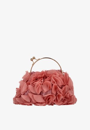 Rosa stofhåndtaske med lagdelte blomsterudsmykninger, en metalramme i guldton og lukning med lås. Blød tekstur med en rundet form.