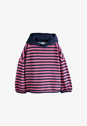 Prugačasta kapuca v roza in mornarsko modri barvi. Ima ohlapen kroj, dolge rokave in gathered manšete za udobje. Narejena iz mehke tkanine.