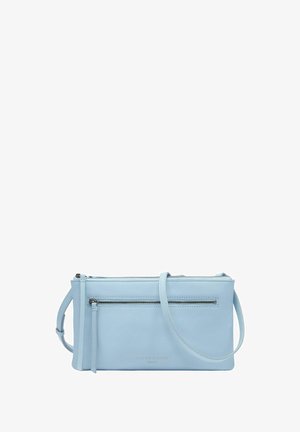 Hellblaues Leder-Umhängetasche mit einer vorderen Reißverschlusstasche, schmalem verstellbarem Riemen und dezentem geprägtem Markenzeichen.