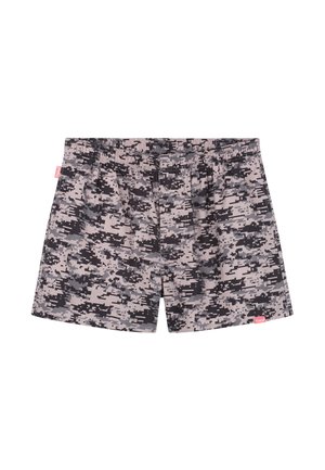 Men's boxer shorts with gray and black digital camouflage pattern and elastic waistband on a white background.