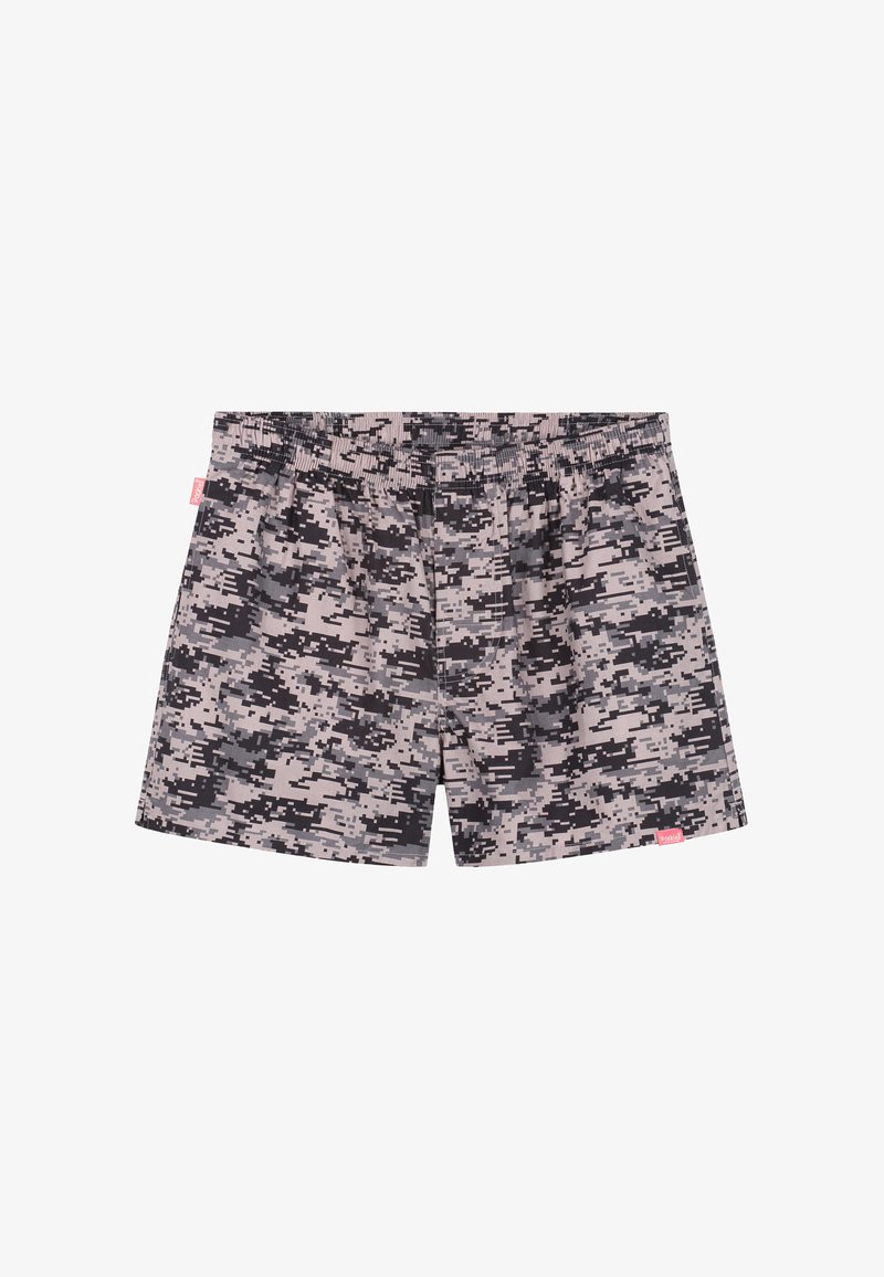 Boxers pour hommes avec un motif camouflage numérique gris et noir et une ceinture élastique sur fond blanc.