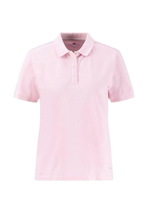 Pink polo shirt made from cotton, featuring a collar, short sleeves, and a button placket with three buttons. Smooth texture and fitted design.