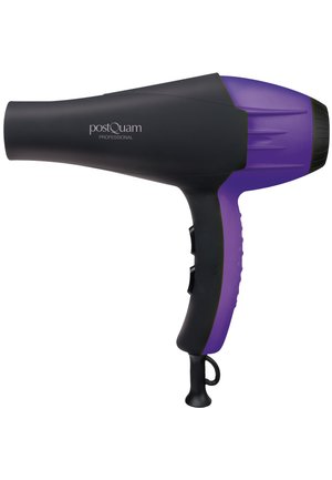 Sèche-cheveux professionnel noir et violet avec poignée ergonomique et deux boutons de commande noirs sur le côté.
