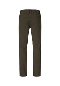 Dark olive green trousers with a straight cut, two back pockets, stitched detailing, and a brown leather patch at the waistband.