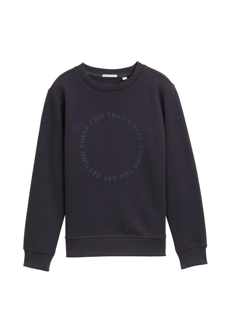 Sweatshirt gris foncé avec un col rond, des manches longues et des poignets côtelés. Présente un design de texte circulaire dans une teinte plus claire. Texture douce.