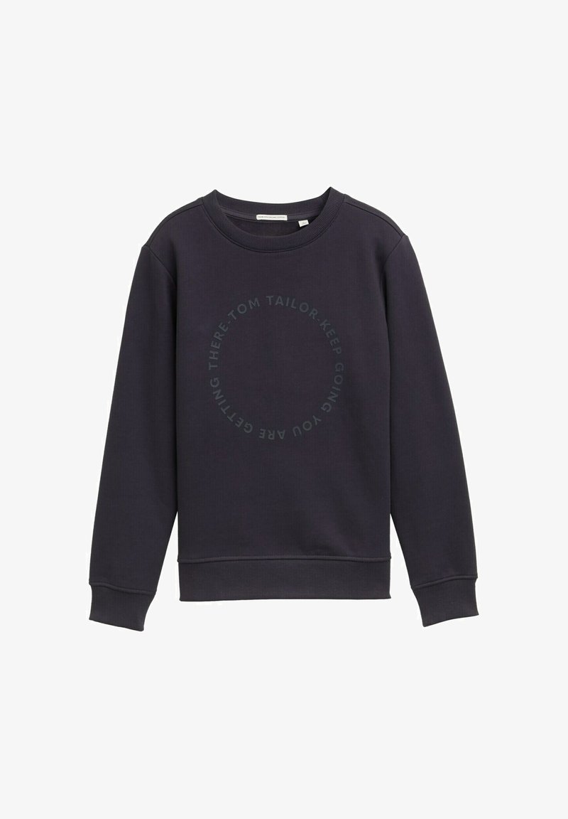 Tmavohnedá mikina s okrúhlym výstrihom, dlhými rukávmi a rebrovanými manžetami. Obsahuje kruhový textový dizajn v svetlejšom odtieni. Mäkká textúra.