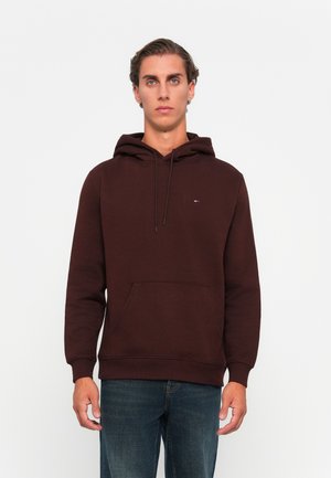 Felpa con cappuccio marrone realizzata in tessuto misto cotone; presenta una tasca frontale, polsini a coste e un piccolo logo sul petto.