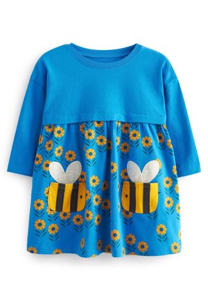 Vestido infantil de manga larga azul con un patrón floral amarillo y dos bolsillos frontales en forma de abeja con alas blancas.