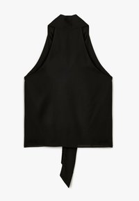 Blouse noire sans manches avec un col haut, coupe ample et un détail à nouer à l'arrière. Fabriquée en tissu lisse avec un design minimaliste.