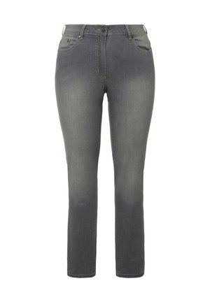 Grijze denim jeans met een slim fit, voorzien van een knoop- en ritsluiting, voorzakken en contrasterende stiksels. Gladde textuur en effen kleur.