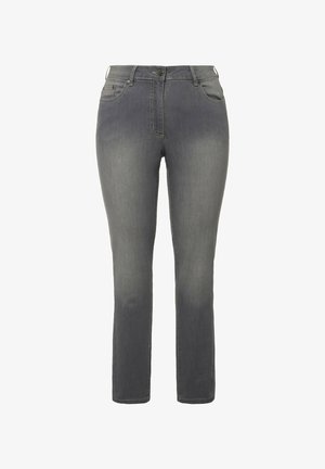 Grå denim jeans med slim fit, présentant en knap- og lynlåslukning, frontlommer og kontrastsøm. Glat tekstur og ensfarvet.