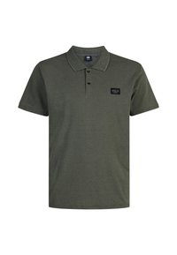 Olijfgroene polo shirt van gestructureerde stof, met een klassieke kraag, een drieknopsknopsluiting en een klein logolabel op de borst.