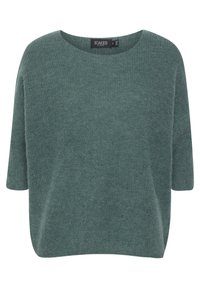 Short-sleeve, teal green knit sweater with a wide, rounded neckline and a relaxed fit, made from soft textured material.