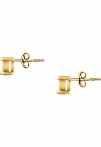 Ohrringe aus goldfarbenem Metall mit einem einzigartigen Schnallen-Design und einer geschwungenen Akzentuierung. Glatte Textur und glänzende Oberfläche.