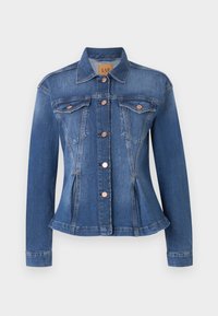 Denim jacket in medium blue with a fitted waist, two chest pockets, copper buttons, and a pointed collar. Distressed accents near hems.