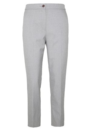Jasnoszare, dopasowane spodnie z jednym brązowym guzikiem i subtelną plisą z przodu, o prostym kroju nogawek, bez widocznych kieszeni.