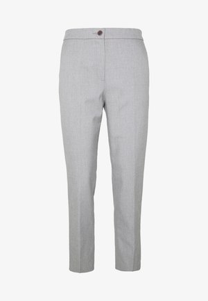 Light gray tailored trousers with a single brown button and subtle front crease, straight leg design, no visible pockets.