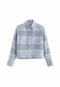 Chemise courte boutonnée en coton à rayures bleues et blanches. Dotée d'un col classique et de manches longues avec des rayures horizontales contrastantes.