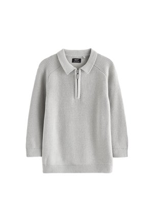 Lysegrå strikket langærmet sweater med krave og kort frontlynlås.