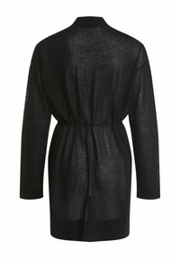 Cardigan nero, leggero, con maniche lunghe, apertura frontale e dettagli in vita arricciati. Il tessuto a maglia testurizzato aggiunge un sottile interesse visivo.