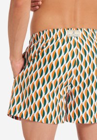 Costumi da bagno da uomo con una base bianca e un motivo ripetuto di linee ondulate verdi e arancioni. Vita elastica con tasche laterali.