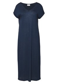 Robe V en bleu marine avec des manches courtes roulées, faite d'un tissu léger et texturé, tombant au niveau des mollets.