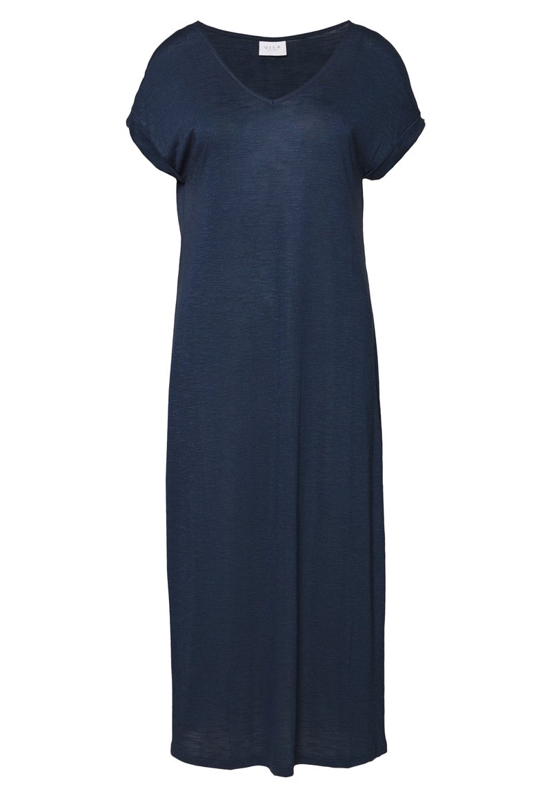 Robe V en bleu marine avec des manches courtes roulées, faite d'un tissu léger et texturé, tombant au niveau des mollets.