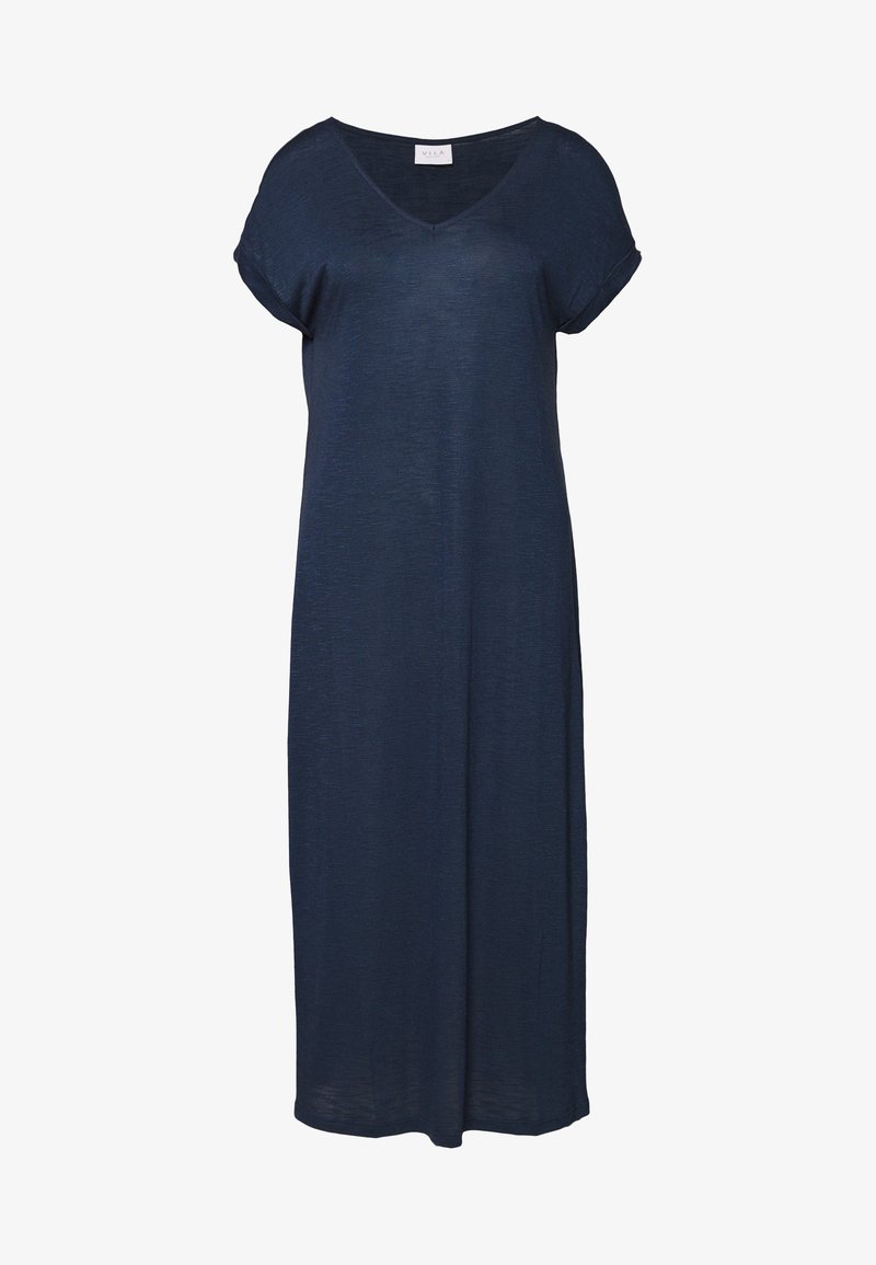 Robe V en bleu marine avec des manches courtes roulées, faite d'un tissu léger et texturé, tombant au niveau des mollets.