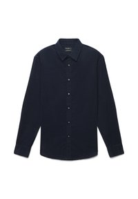Camicia a maniche lunghe blu navy con design a bottoni, colletto e un tessuto leggermente strutturato con bottoni abbinati.
