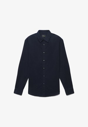 Camicia a maniche lunghe blu navy con design a bottoni, colletto e un tessuto leggermente strutturato con bottoni abbinati.