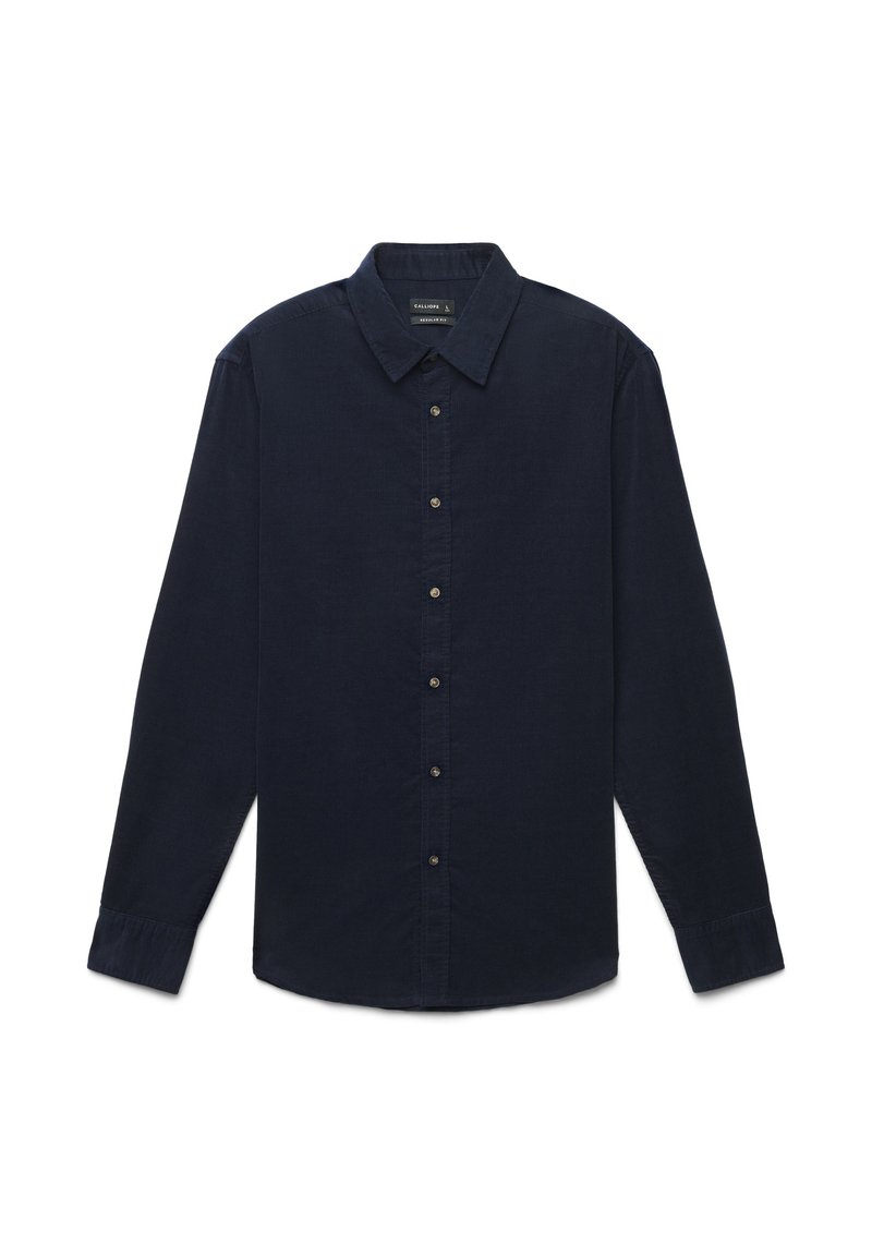 Camicia a maniche lunghe blu navy con design a bottoni, colletto e un tessuto leggermente strutturato con bottoni abbinati.