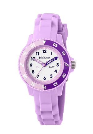 Children's purple analog watch with labeled hour and minute hands, numbers for hours, and markings for past and to minutes on the bezel.