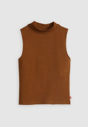 Haut sans manches de couleur marron avec un col haut, fabriqué en tissu lisse. Présente des bords nets et une petite étiquette de logo sur le côté.